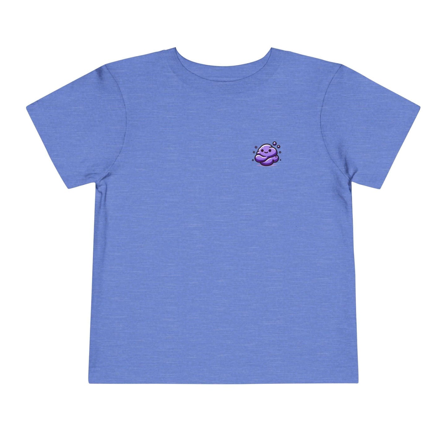 Purple Squish funny toddler t-shirt in light blue, featuring small purple cartoon design. 100% Airlume cotton. Bella Canvas comfort.