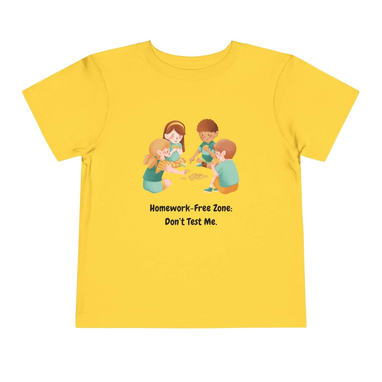 Yellow toddler t-shirt with 'Homework-Free Zone: Don't Test Me' and children graphic, made from 100% Airlume cotton for comfort.