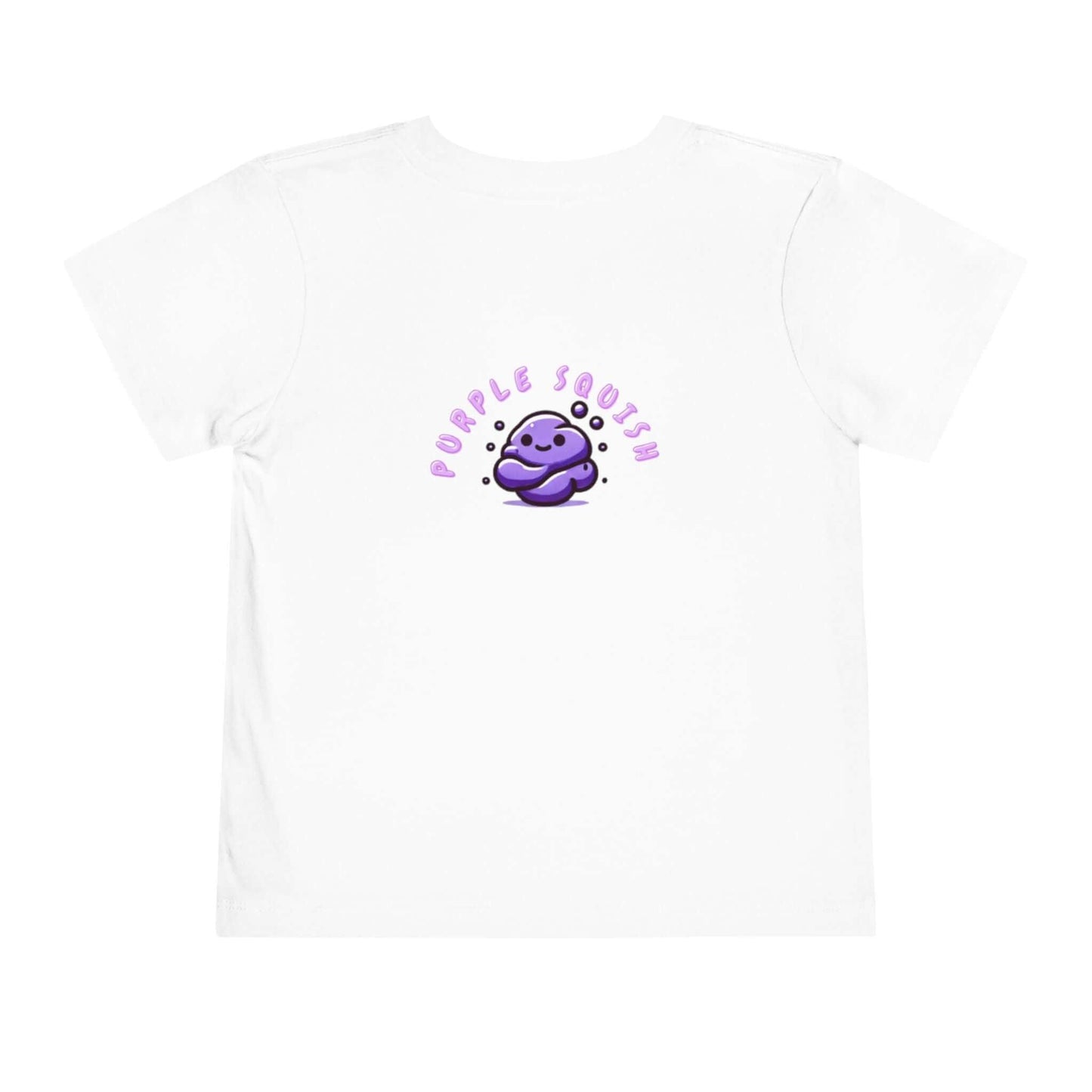 Back view of white toddler t-shirt featuring a cute purple squish character and text 'Purple Squish' in playful font.