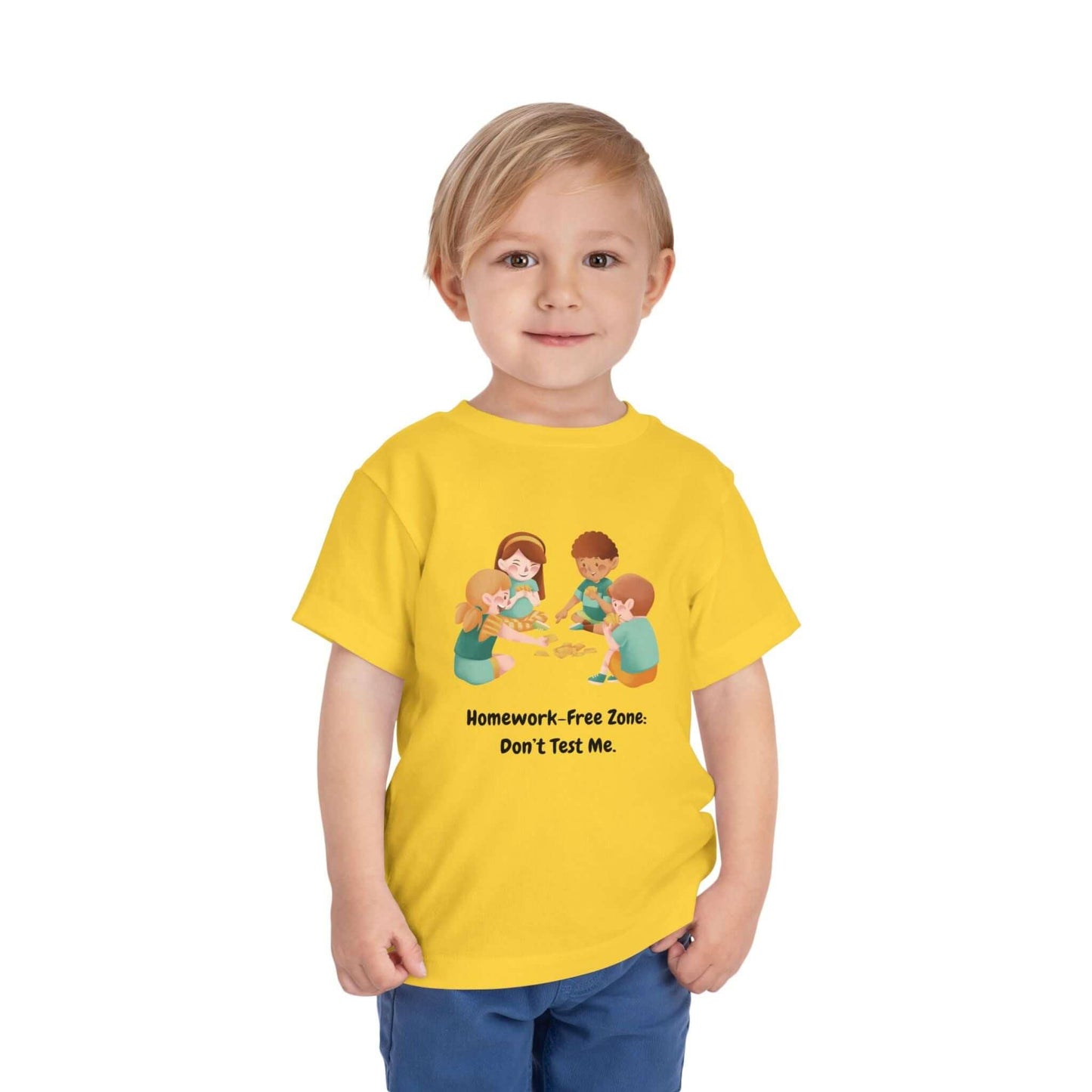 Toddler wearing a yellow 'Homework-Free Zone' funny t-shirt, made of 100% Airlume cotton, showcasing playful design.