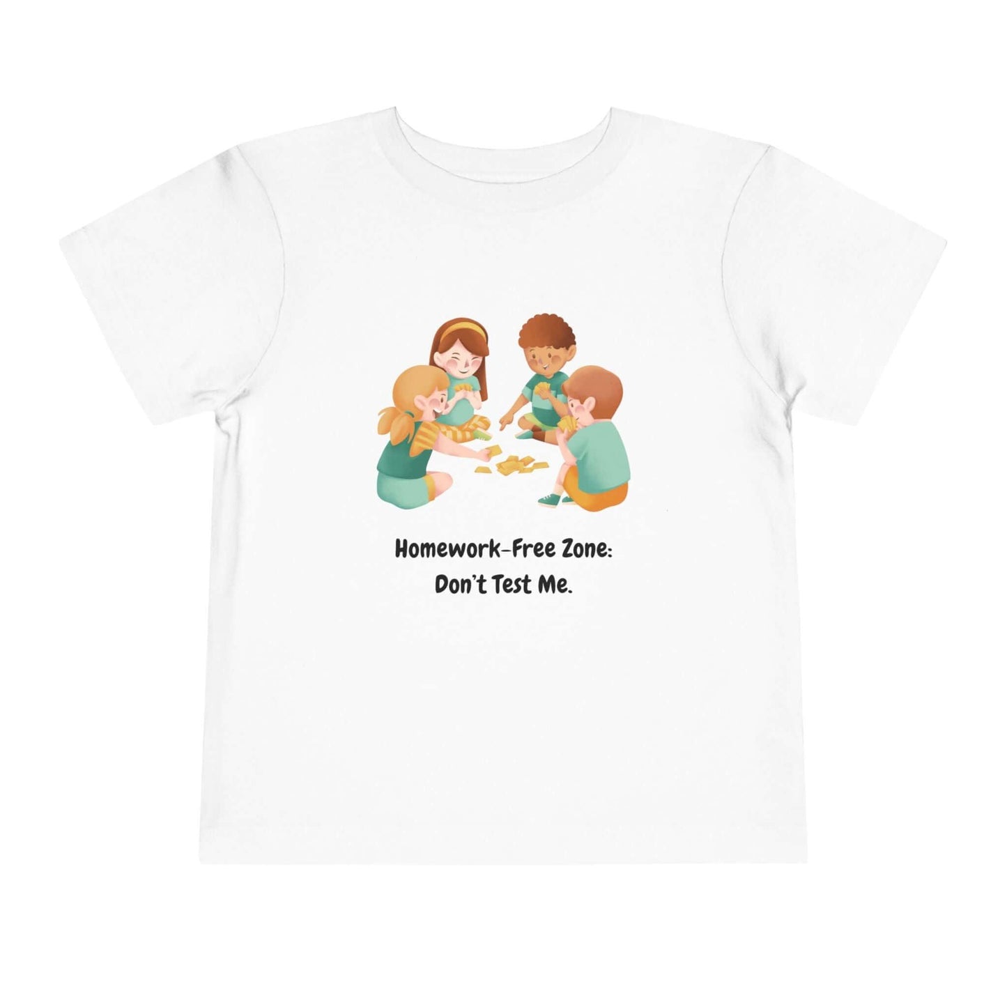Funny toddler t-shirt with 'Homework-Free Zone: Don't Test Me' text and playful children illustration on white fabric.