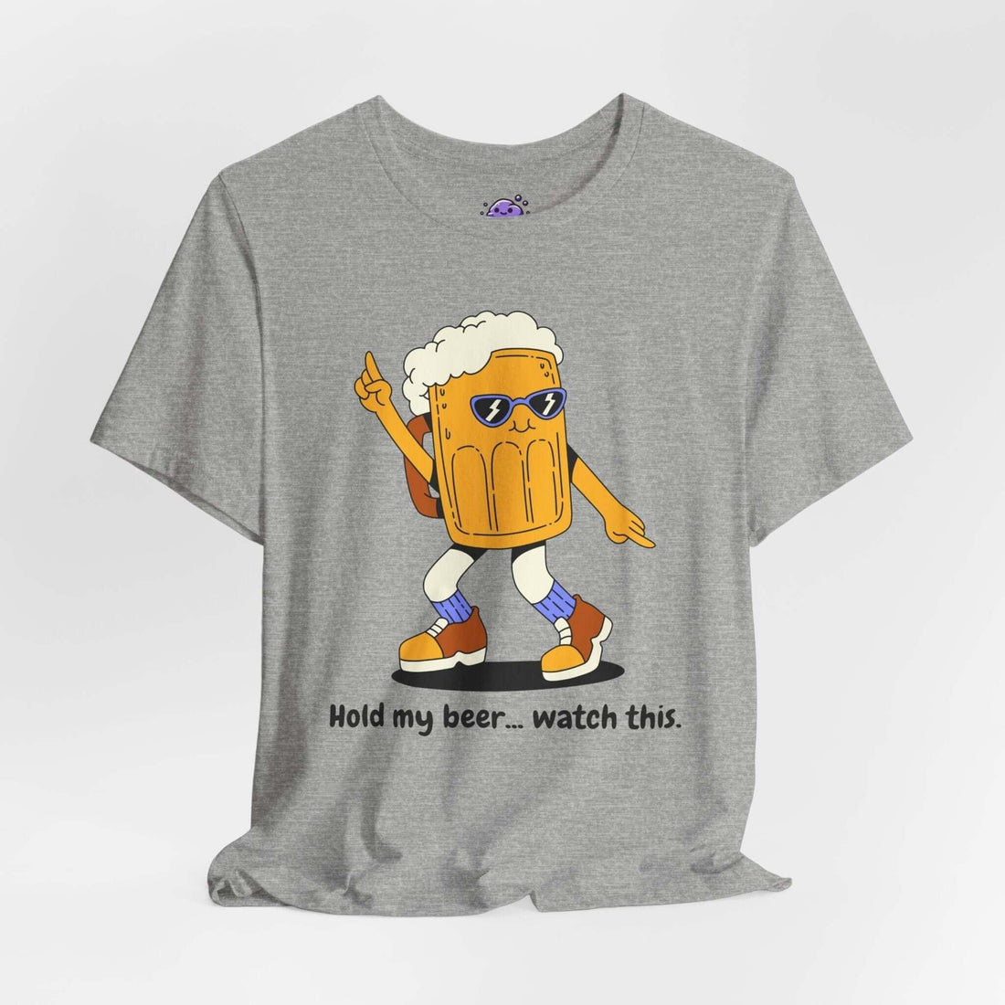 Gray t-shirt with a dancing beer character and the text 'Hold my beer... watch this' – humorous design for casual wear.