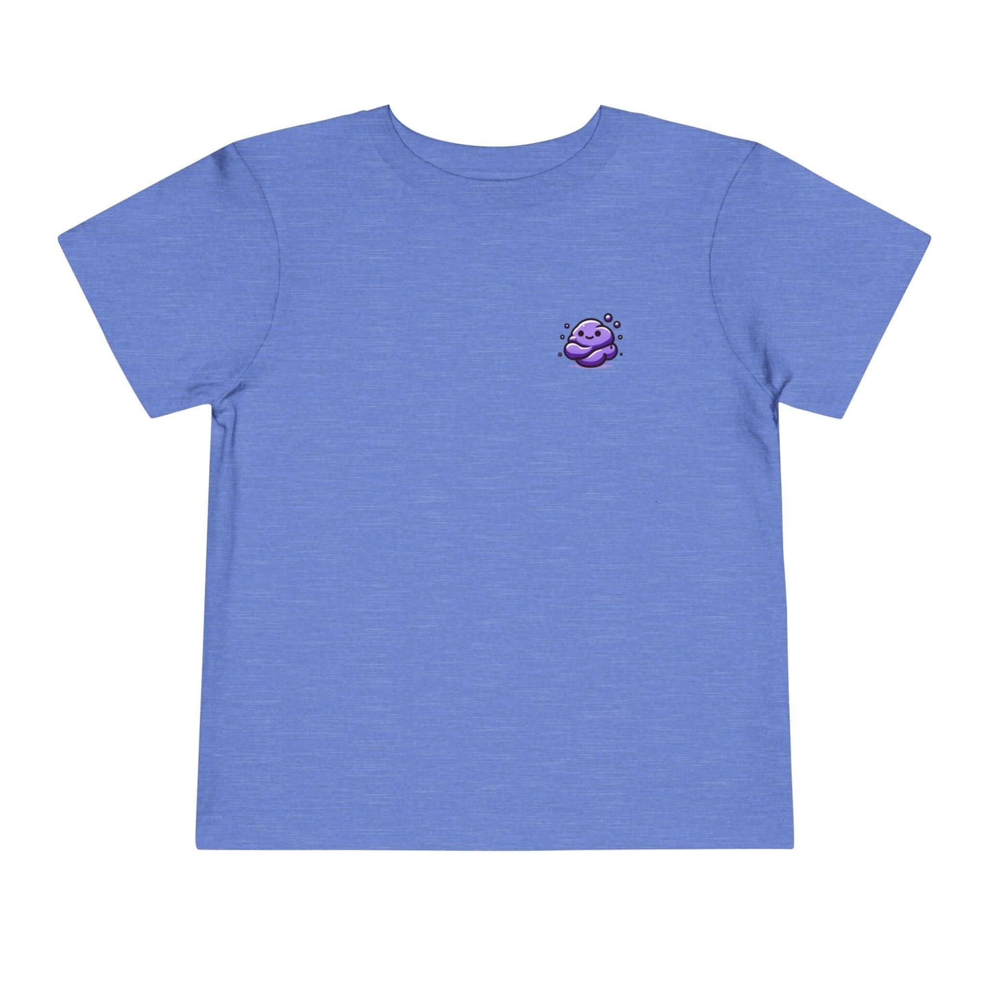 Purple Squish funny toddler t-shirt in light blue, featuring small purple cartoon design. 100% Airlume cotton. Bella Canvas comfort.