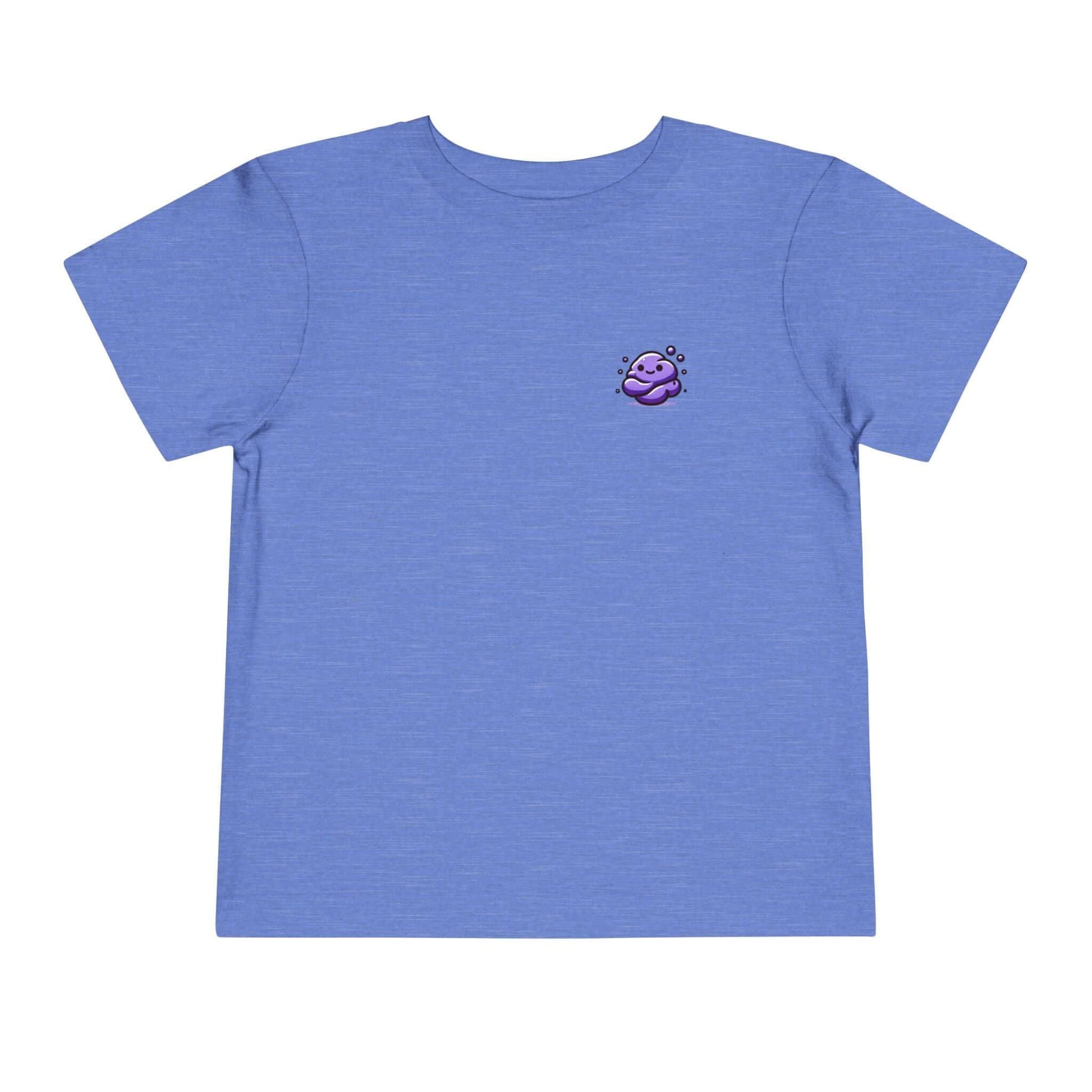 Purple Squish funny toddler t-shirt in light blue, featuring small purple cartoon design. 100% Airlume cotton. Bella Canvas comfort.