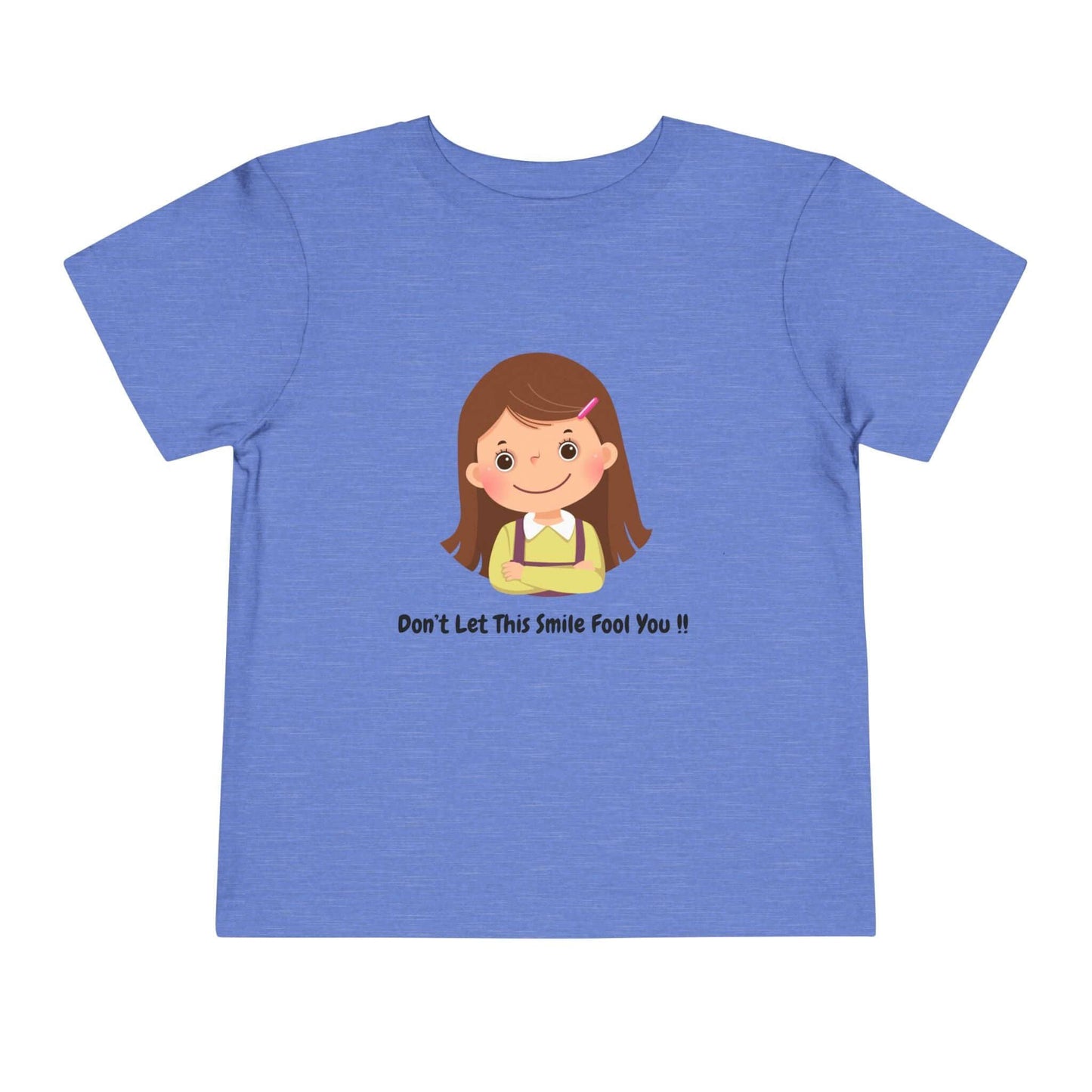 Blue toddler t-shirt with "Don't Let This Smile Fool You" print, featuring a cartoon girl, made from 100% Airlume cotton for comfort.