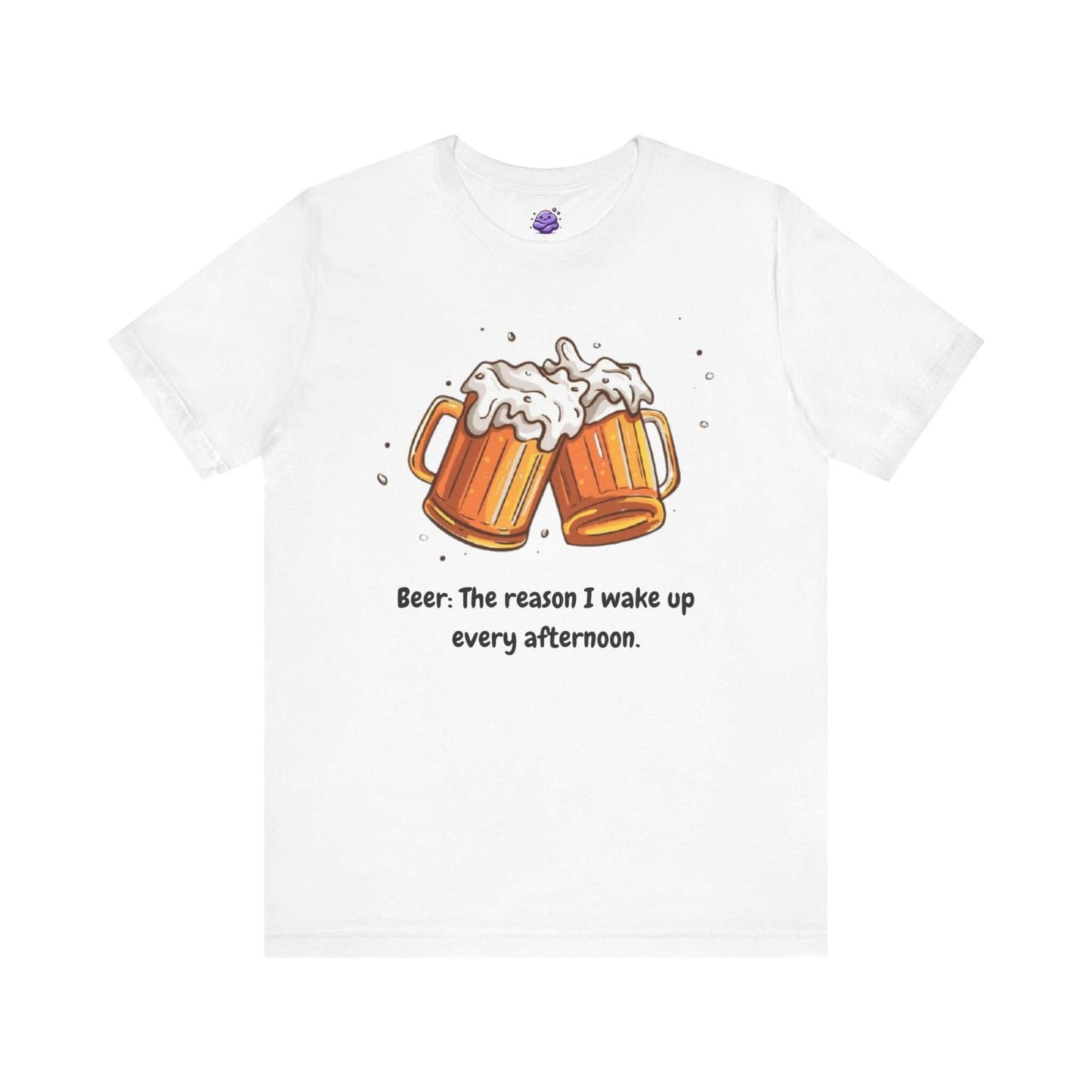 Funny men's t-shirt featuring cartoon beer mugs and text: 'Beer: The reason I wake up every afternoon.'