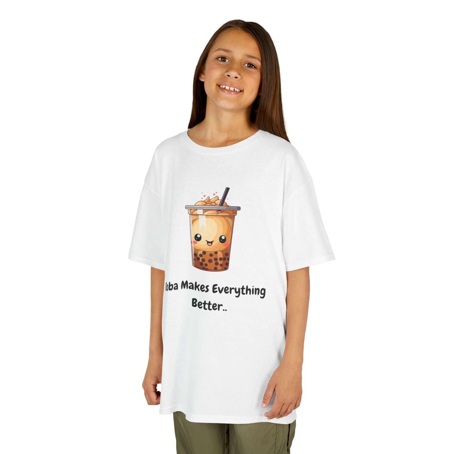 Child wearing a funny boba-themed T-shirt made of 100% cotton, designed for kids with durable twill tape shoulders and ribbed collar.