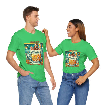 Beer Lover His n Her Tee, couple wearing matching green T-shirts with playful beer-themed design.