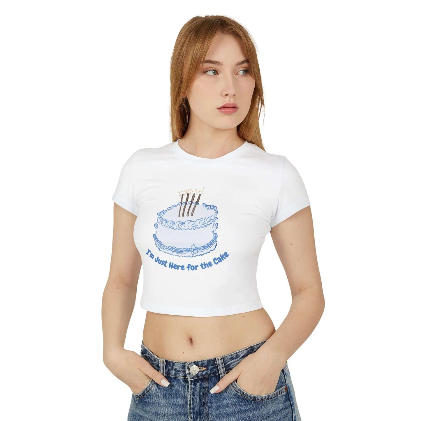 Woman wearing a funny 'Came for the Cake' women's baby tee, organic cotton, slim fit, mid-length cut, Direct-to-Film print.