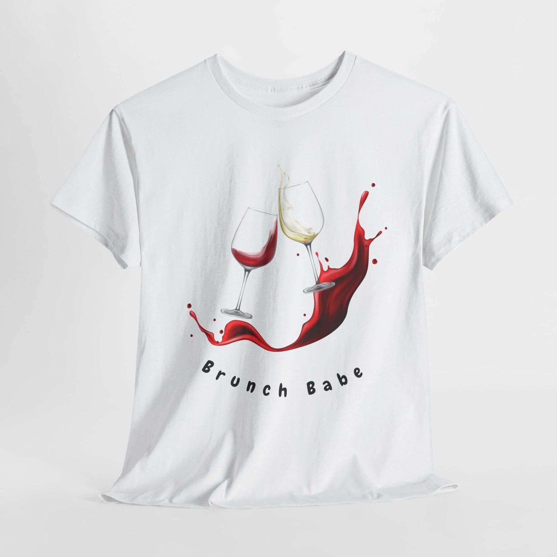 White 'Brunch Babe' t-shirt with wine glasses graphic for women, casual unisex heavy cotton tee with funny design.