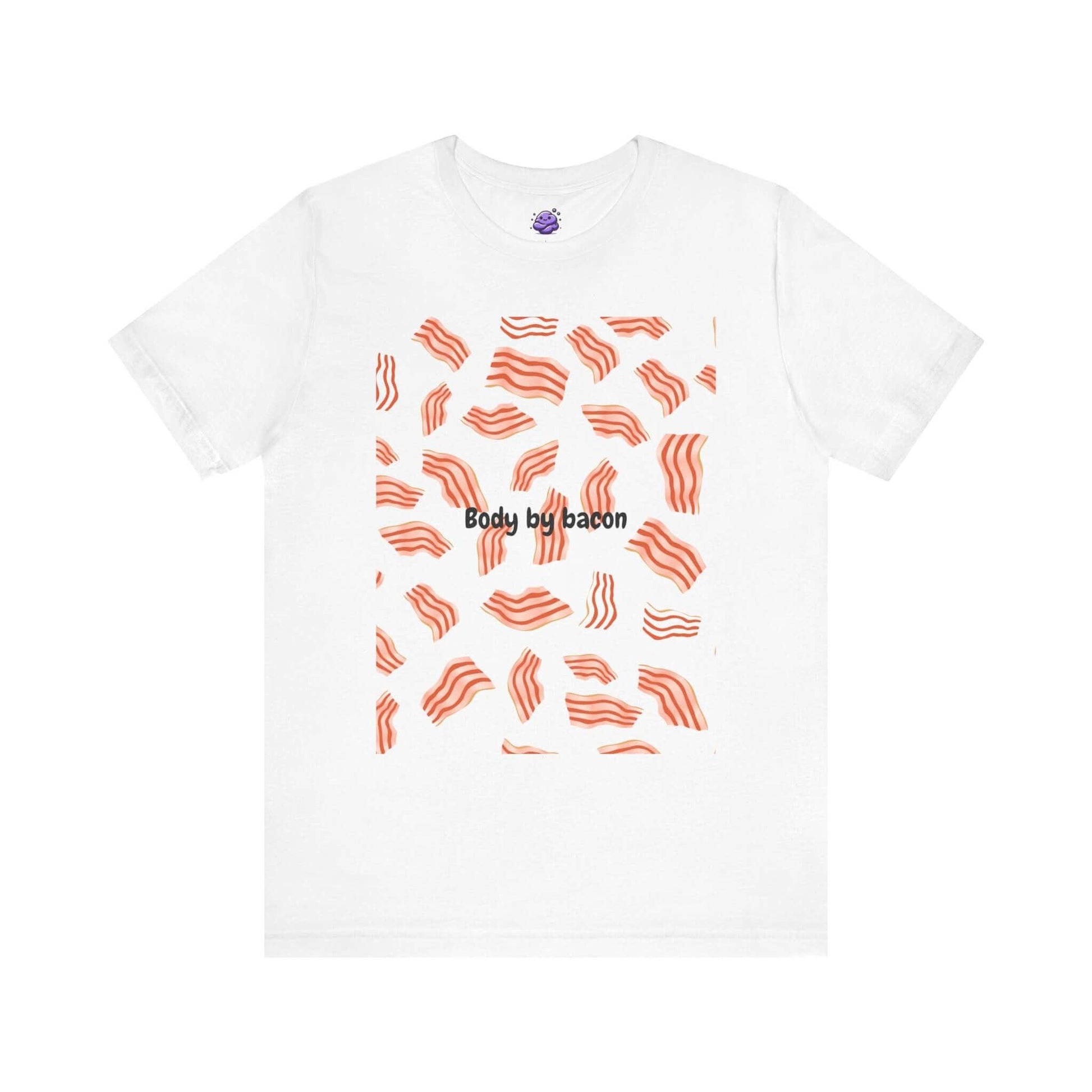 Body by Bacon funny men's t-shirt featuring bacon graphic on white cotton fabric, ribbed collar, and short sleeves.