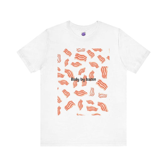 Body by Bacon funny men's t-shirt featuring bacon graphic on white cotton fabric, ribbed collar, and short sleeves.