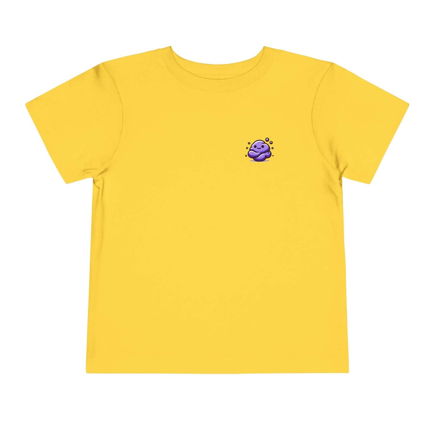 Yellow toddler t-shirt featuring a purple squish cartoon on the front, made of 100% airlume combed and ring-spun cotton for comfort.