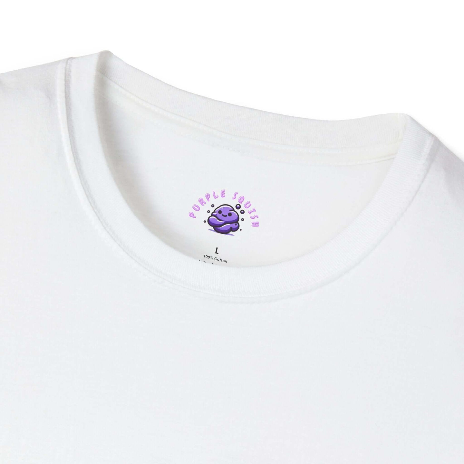 Close-up of neckline on white funny cotton t-shirt for women with soft finish and purple logo, "Espresso Yourself" design.