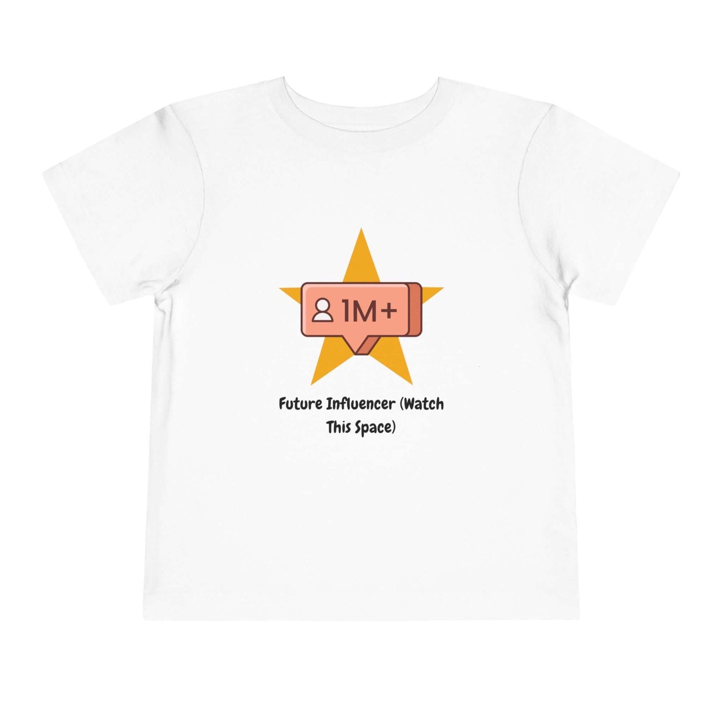 White toddler t-shirt with 'Future Influencer' text and a star design, made from 100% Airlume combed cotton for comfort and style.