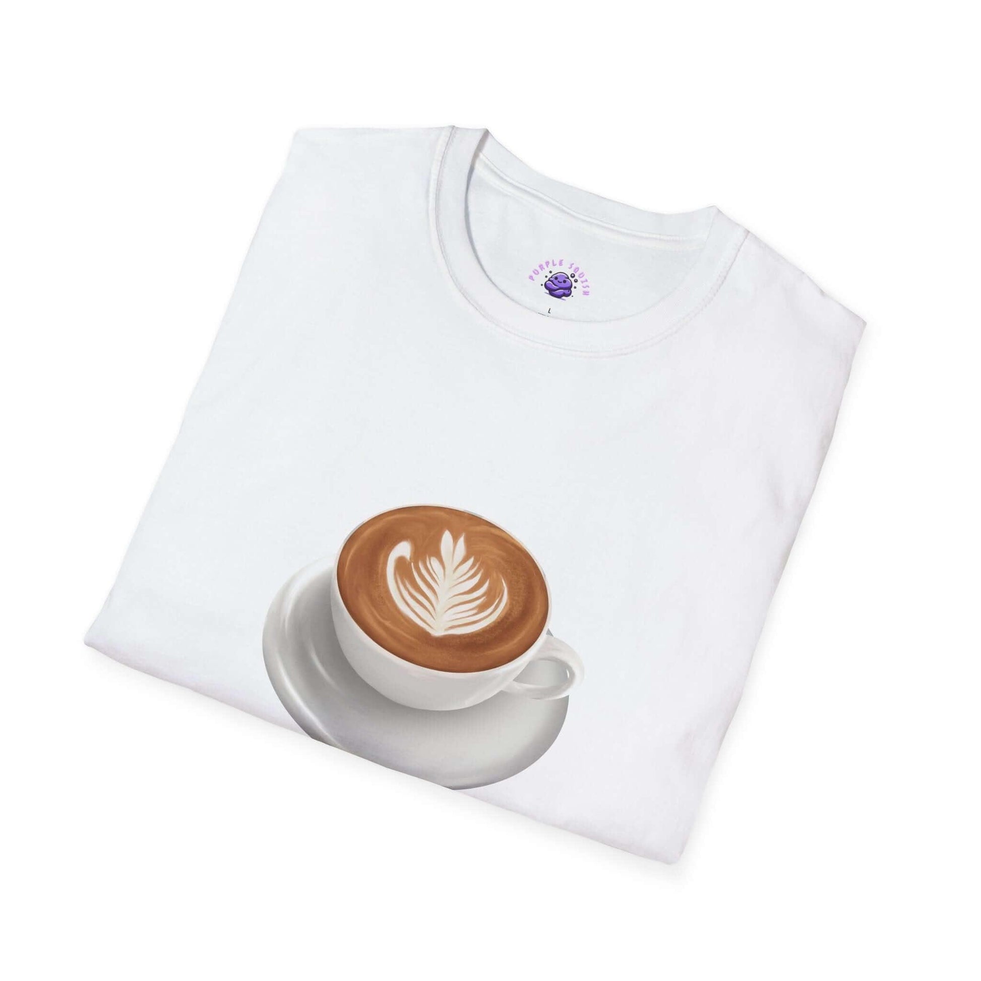 Folded women's t-shirt with coffee cup graphic, unisex soft-style, 100% ring-spun cotton, durable design with ribbed collar.