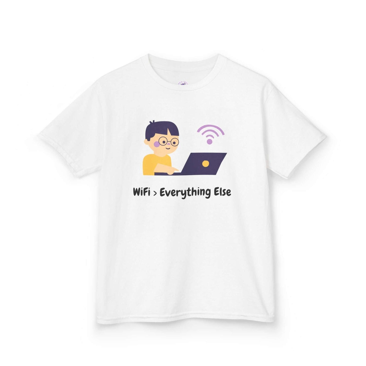 Funny kids' t-shirt with "Wifi > Everything Else" print, featuring a child on a laptop. 100% cotton, durable design for everyday wear.