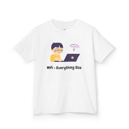 Funny kids' t-shirt with "Wifi > Everything Else" print, featuring a child on a laptop. 100% cotton, durable design for everyday wear.