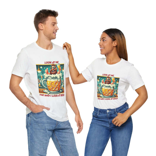 Funny couples T-shirts featuring beer design with playful text, perfect for beer lovers and couples.