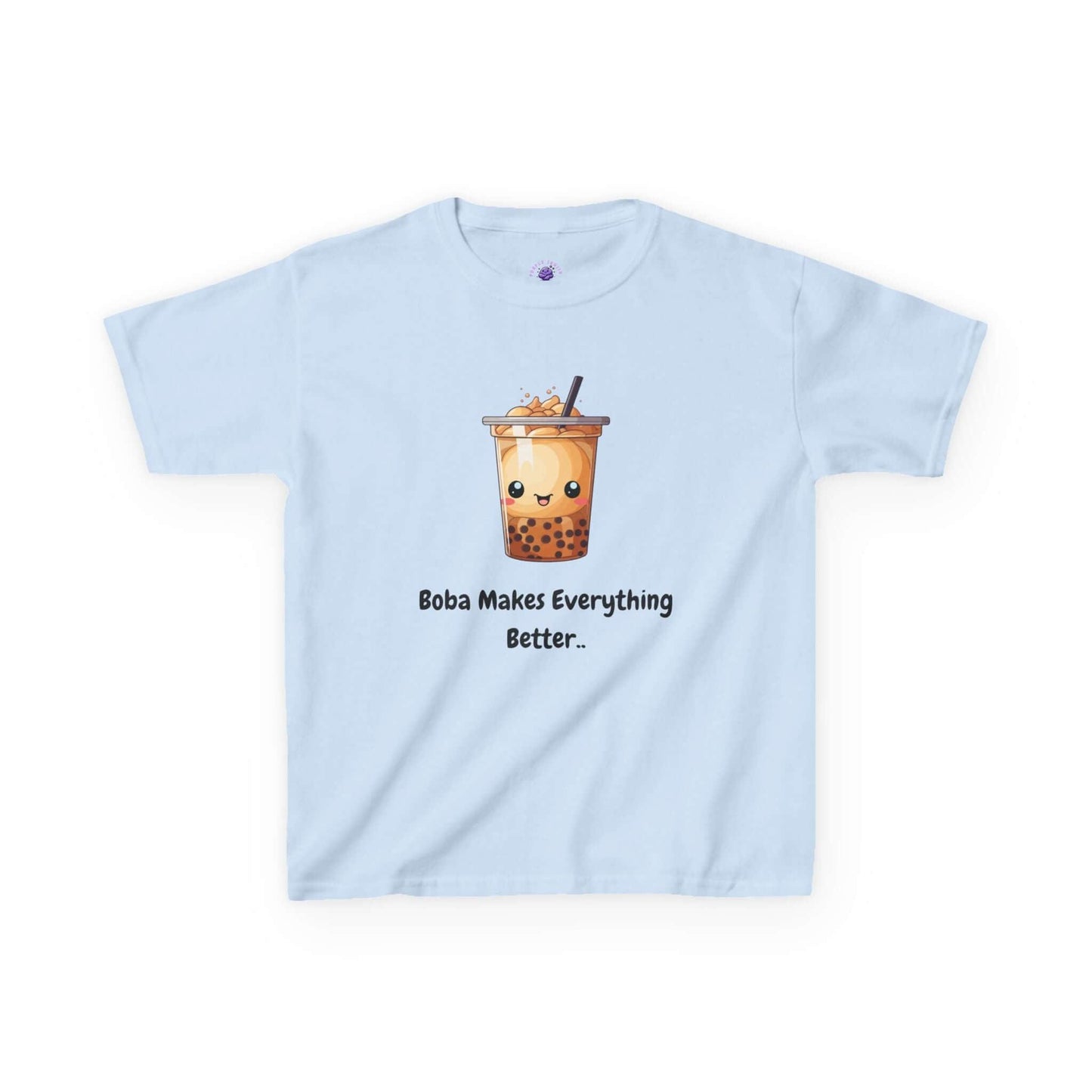 Light blue kids' t-shirt with cute boba tea graphic and 'Boba Makes Everything Better' slogan, 100% cotton, durable and curl-resistant design.