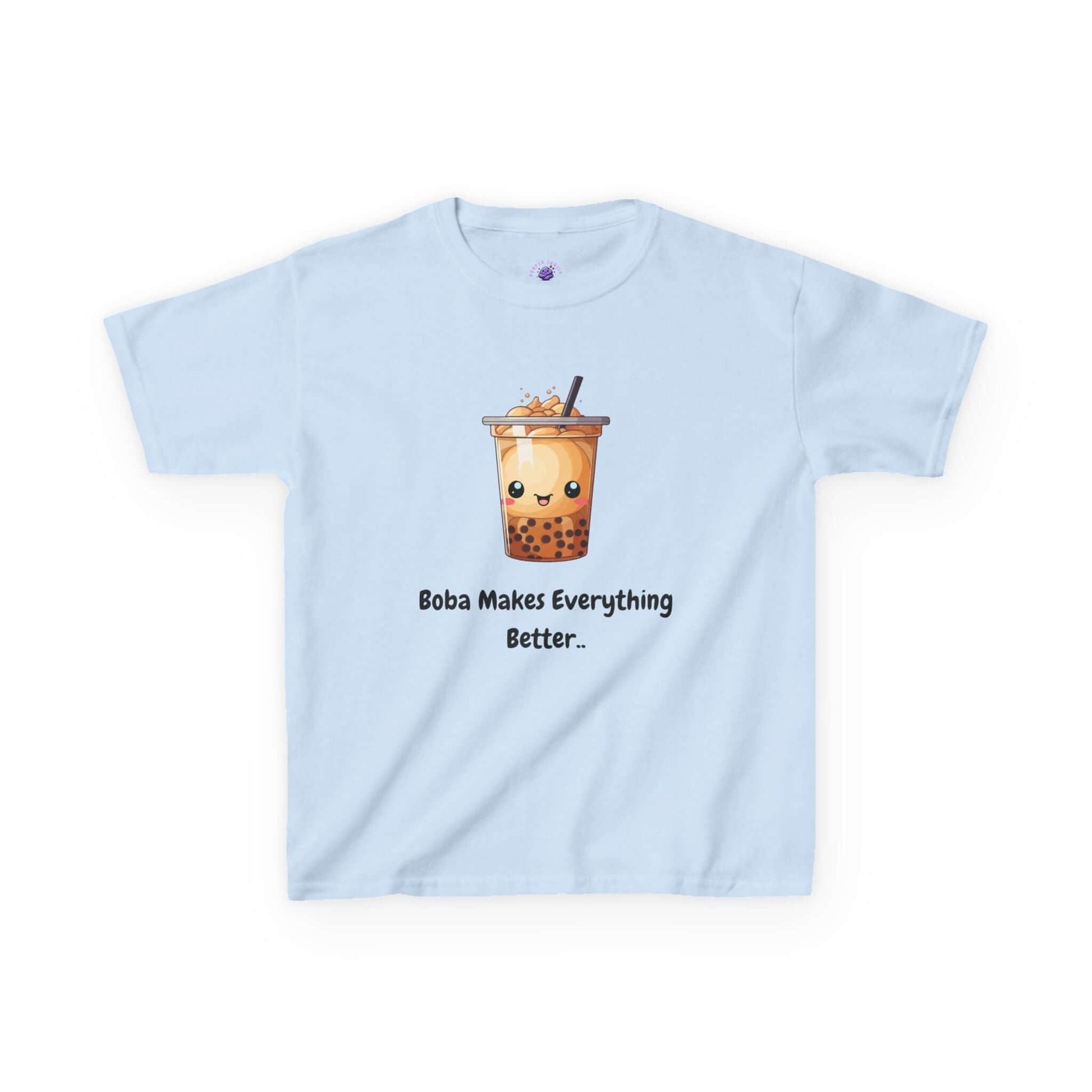 Light blue kids' t-shirt with cute boba tea graphic and 'Boba Makes Everything Better' slogan, 100% cotton, durable and curl-resistant design.