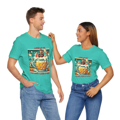 Couples wearing matching funny beer-themed T-shirts with clinking mugs design, perfect for beer lovers.