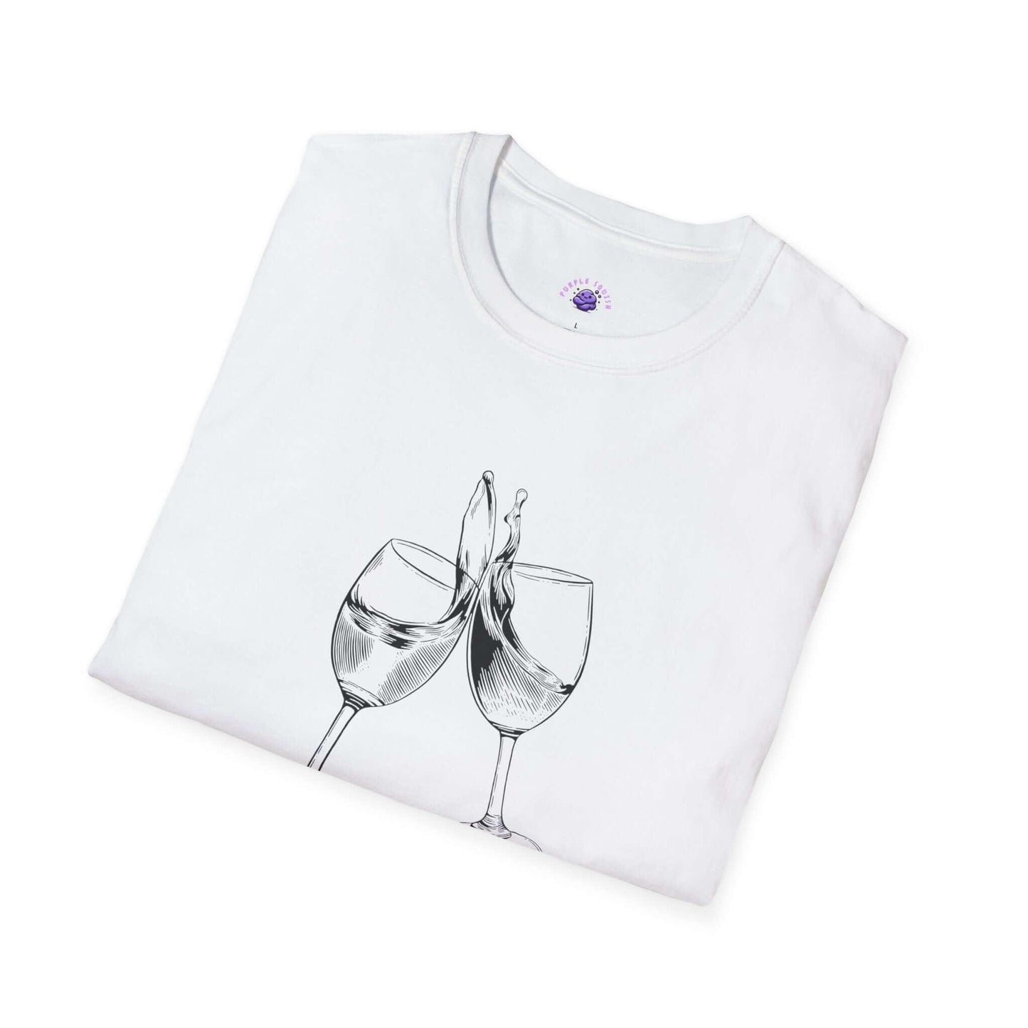 Folded white women's t-shirt with a funny wine glasses clinking design, made from soft 100% cotton, perfect for casual comfort.