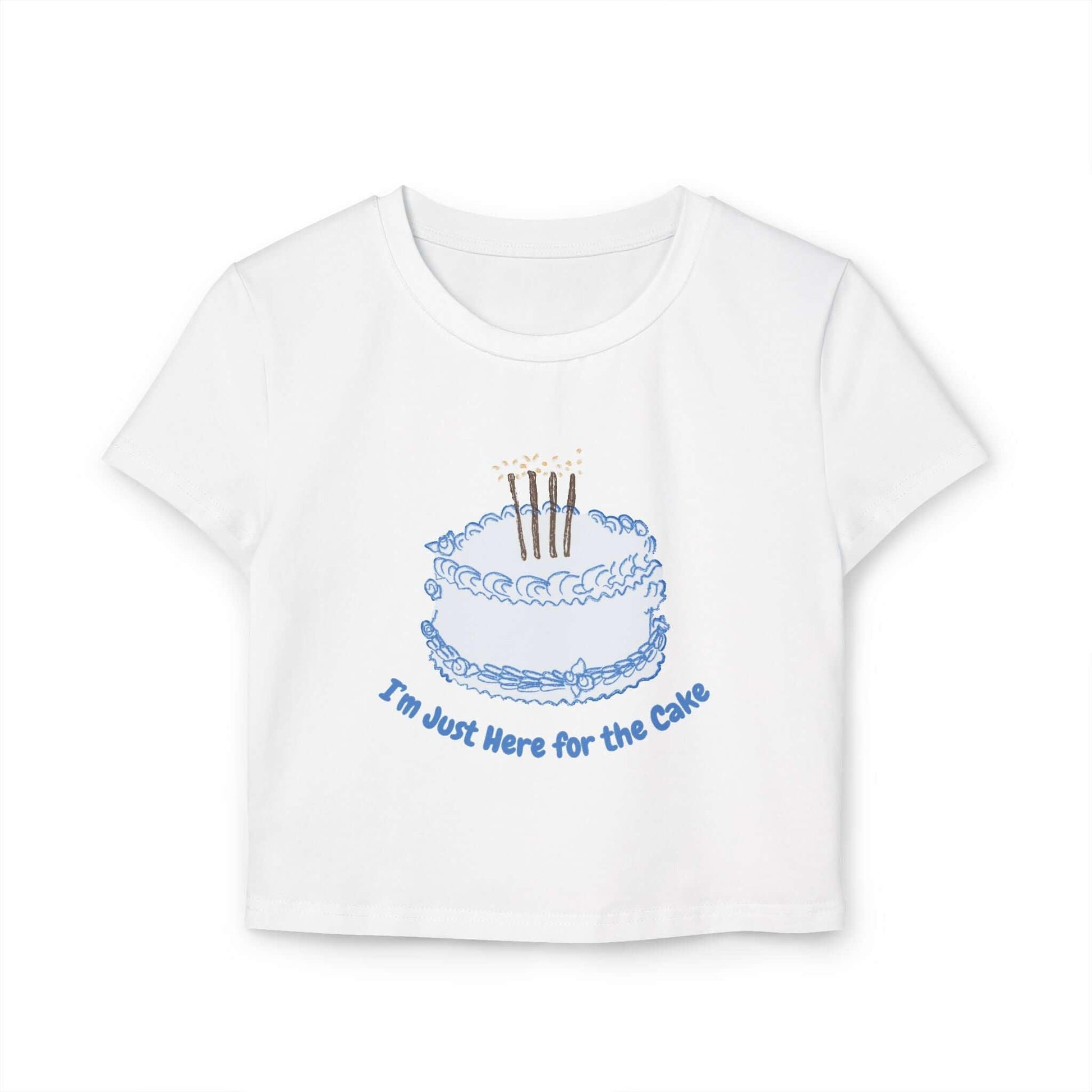 Women's baby tee with 'Came for the Cake' print, featuring a cake graphic, white organic cotton, slim fit. Funny t-shirt for casual wear.