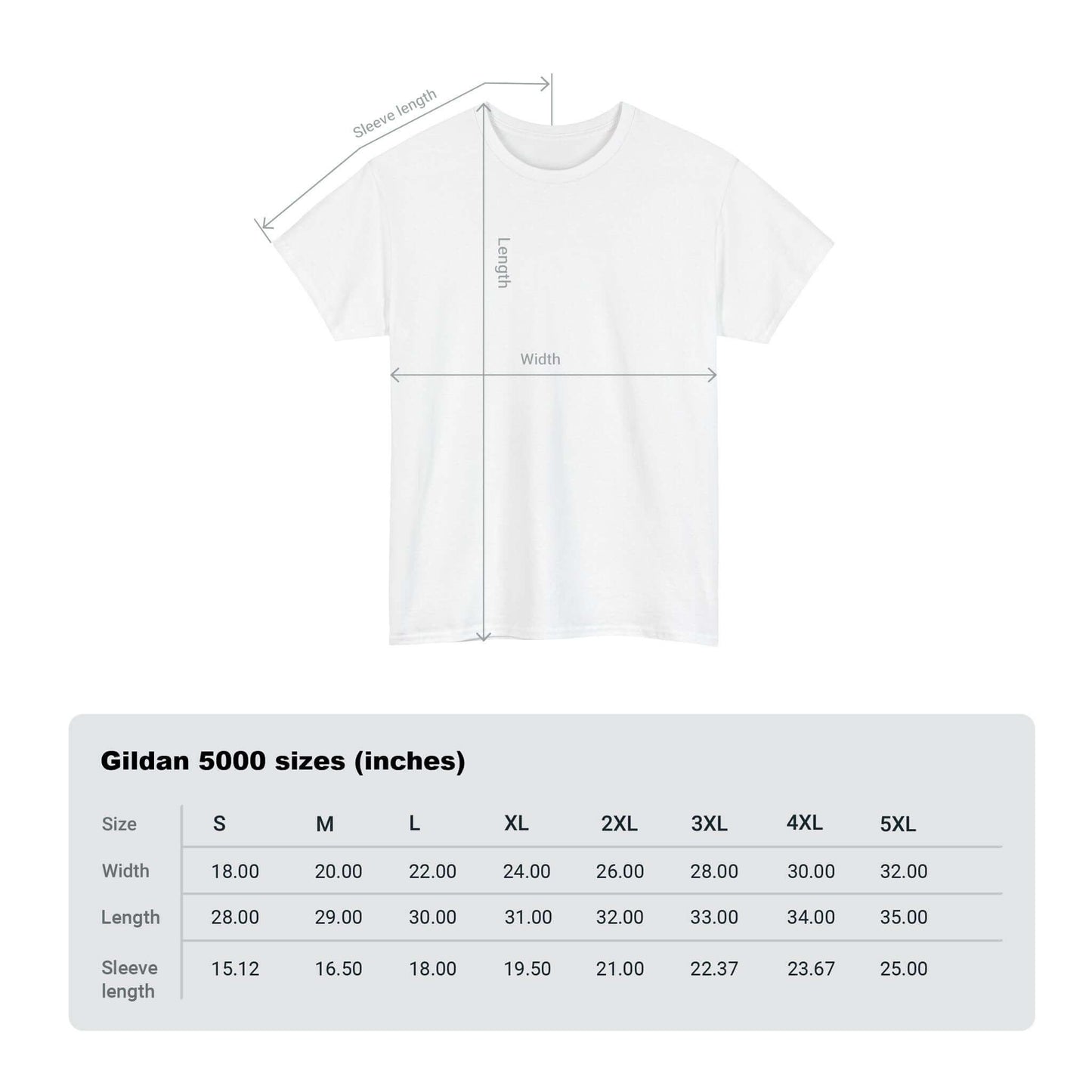 White T-shirt with size chart for Gildan 5000, showing measurements in inches for sizes S to 5XL in width, length, and sleeve length.