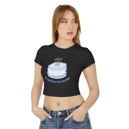 Woman wearing Funny T-Shirt in black with a cake print, reads "Came for the Cake." Slim fit, organic cotton baby tee.