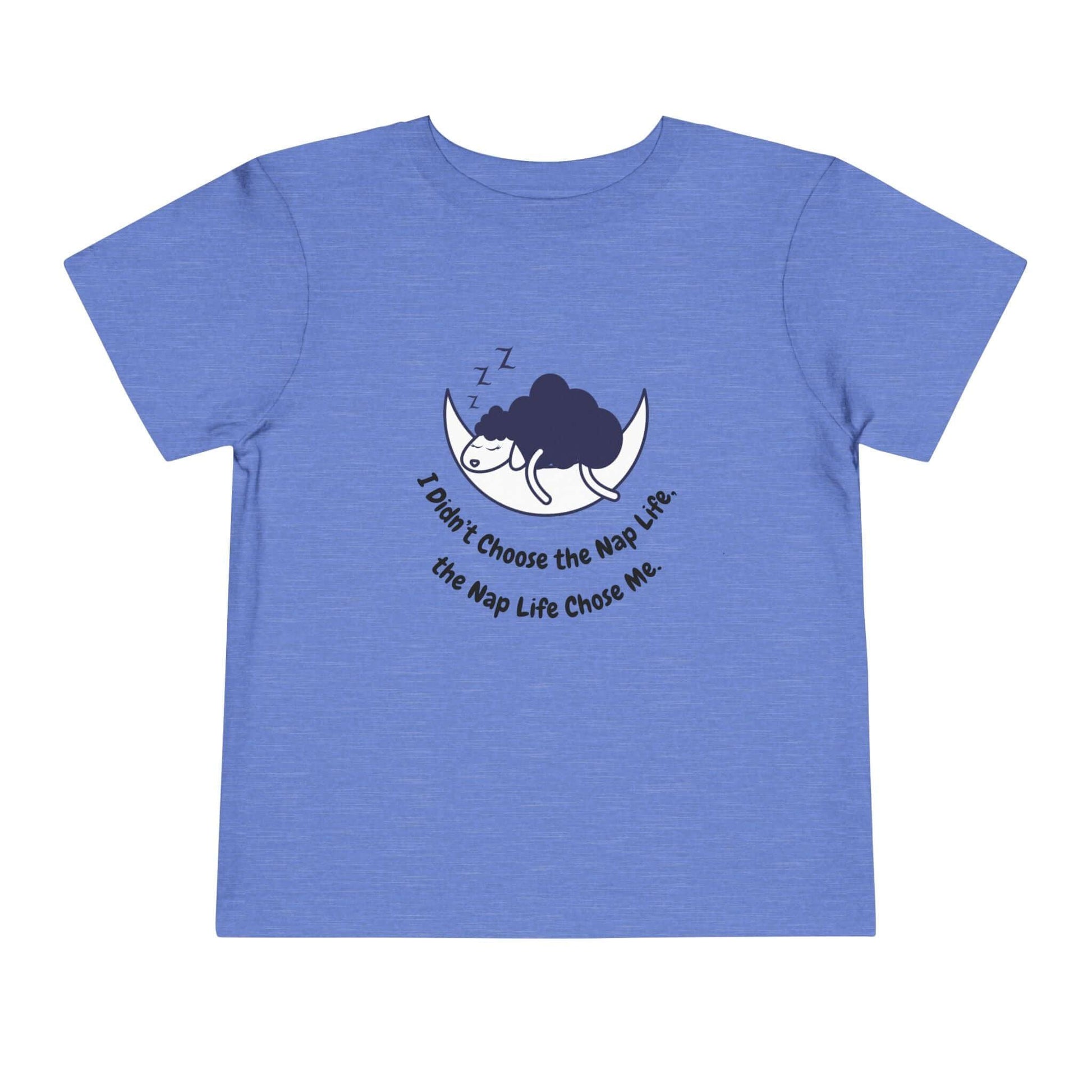 Funny toddler t-shirt with sleeping sheep graphic and text 'I don't choose the nap life, the nap life chose me' in blue color.