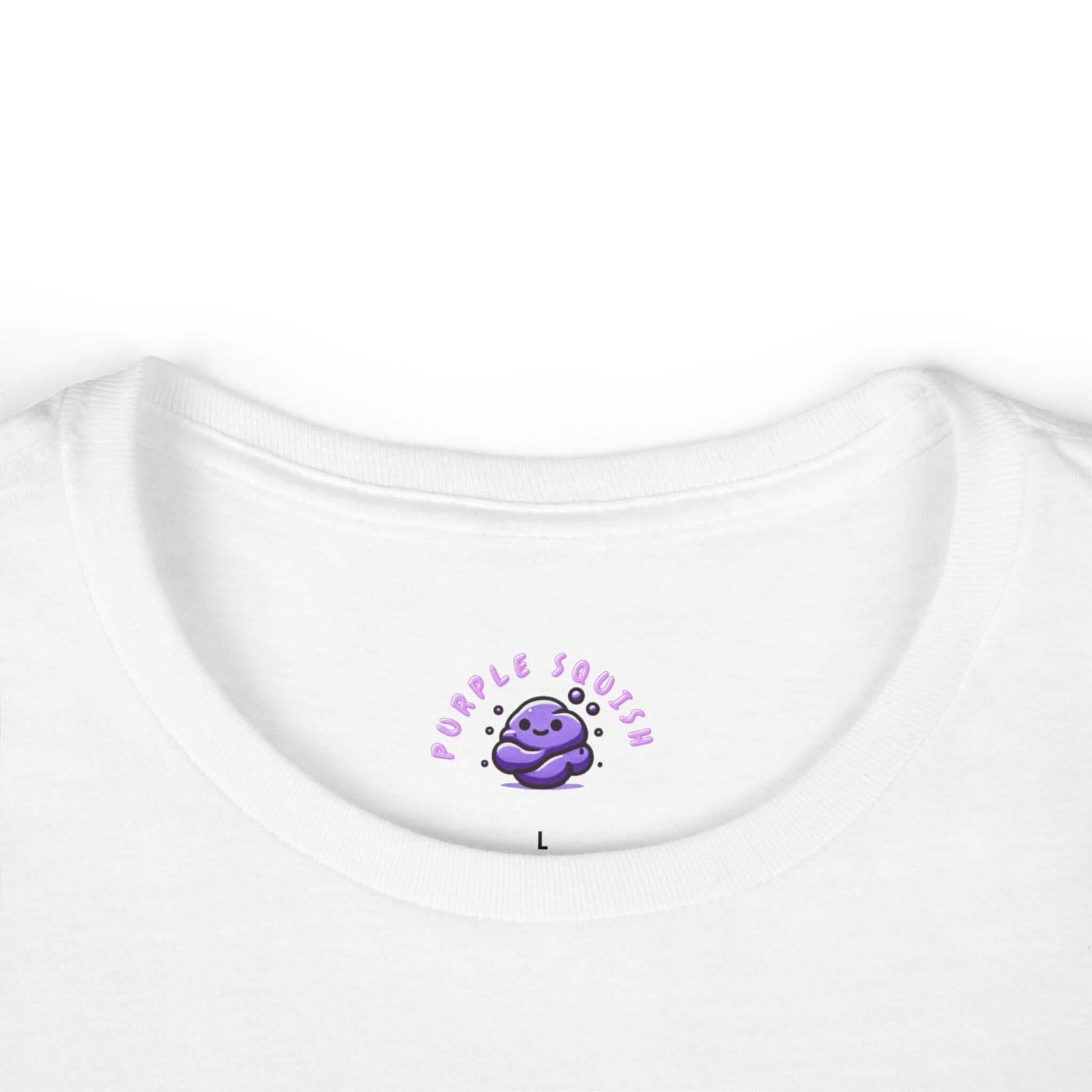 Close-up of a white t-shirt collar with 'Purple Squish' logo and purple cartoon design.