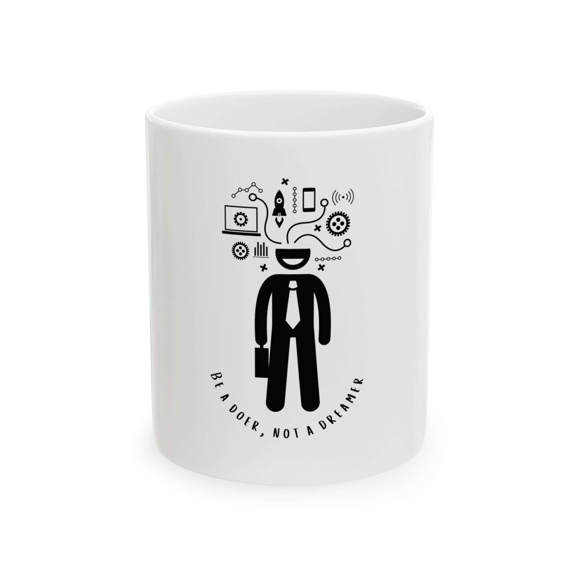 White ceramic mug with 'I’m a Doer, not a Dreamer' design featuring business icons, available in 11oz and 15oz sizes.