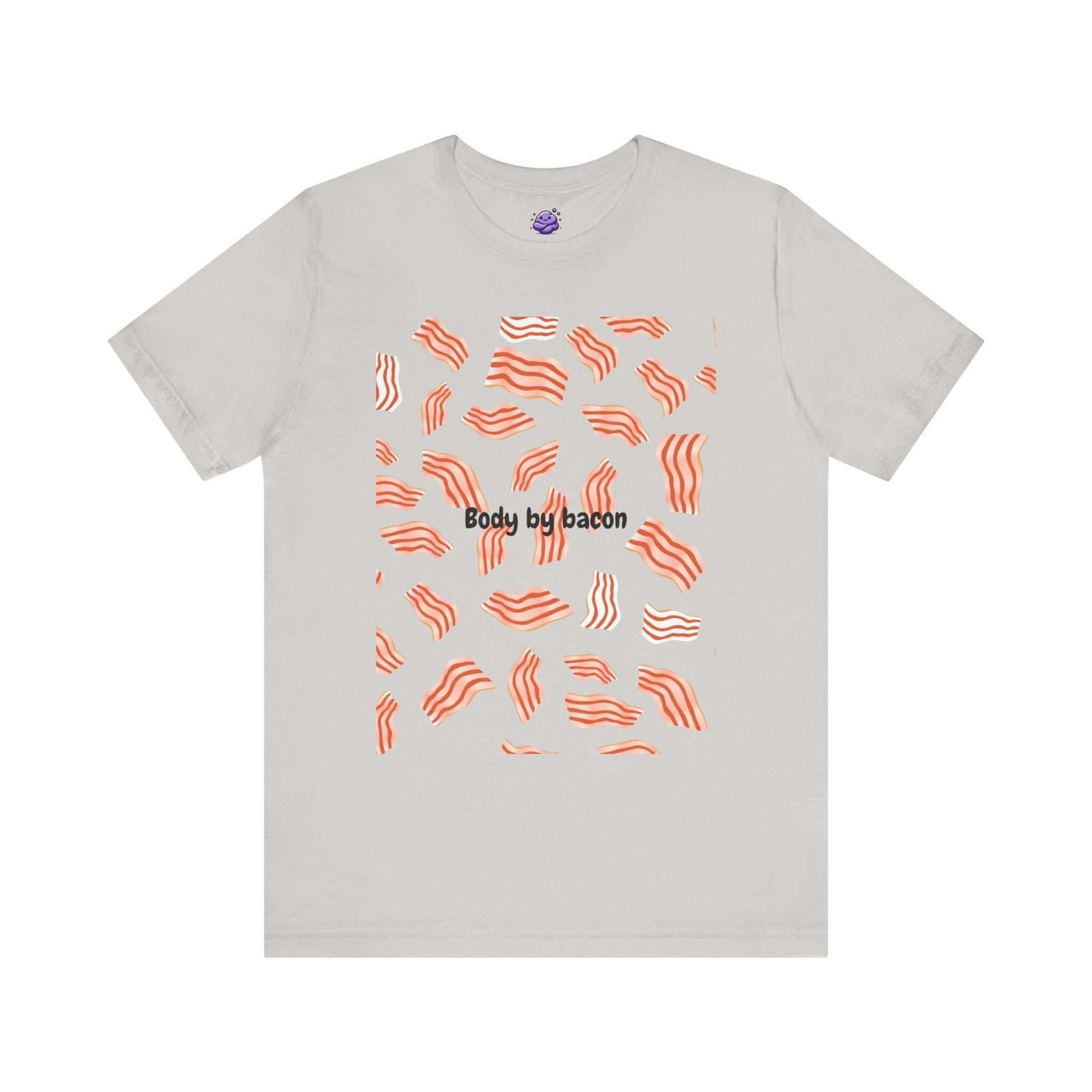 Light gray funny t-shirt for men featuring quirky bacon pattern and 'Body by Bacon' text.