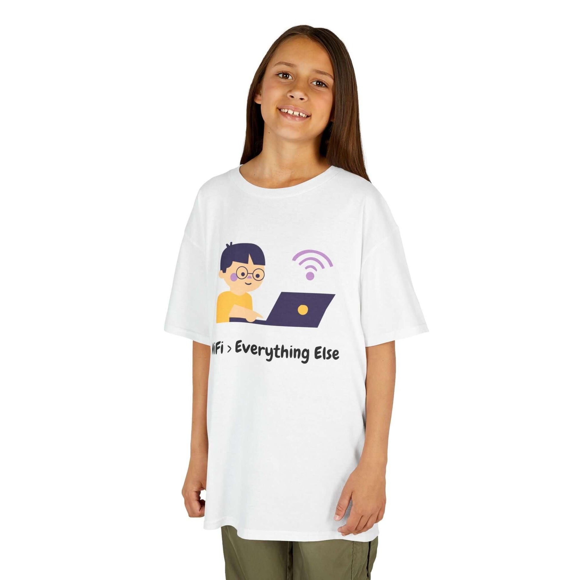 Kid wearing a funny T-shirt with WiFi greater than everything logo, made of 100% cotton, perfect for everyday use.