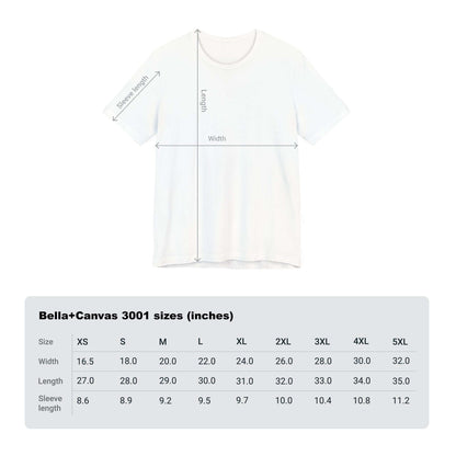 Size chart for Bella+Canvas 3001 unisex t-shirt including measurements for various sizes.