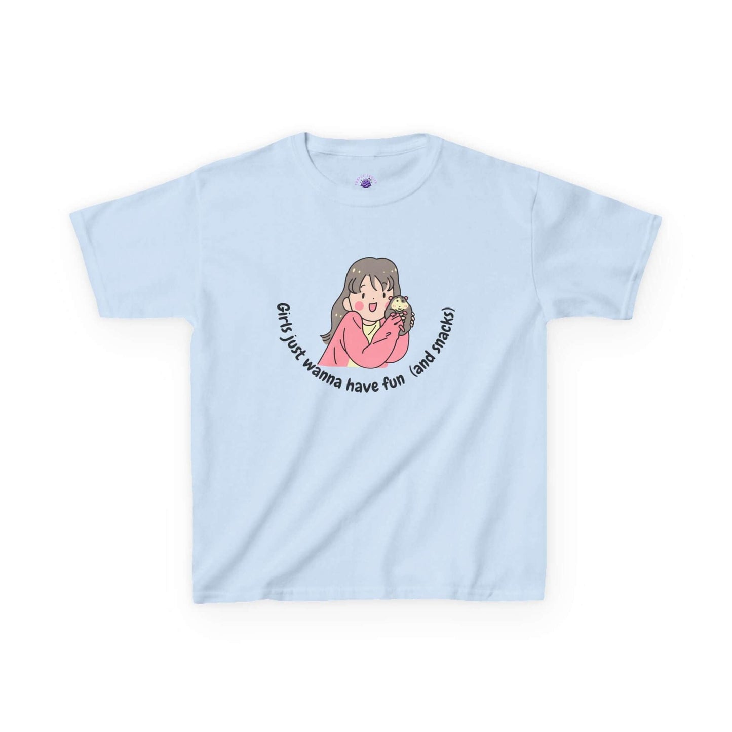 Funny kids t-shirt with cartoon and 'Girls just wanna have fun (and snacks)' text on light blue cotton fabric.