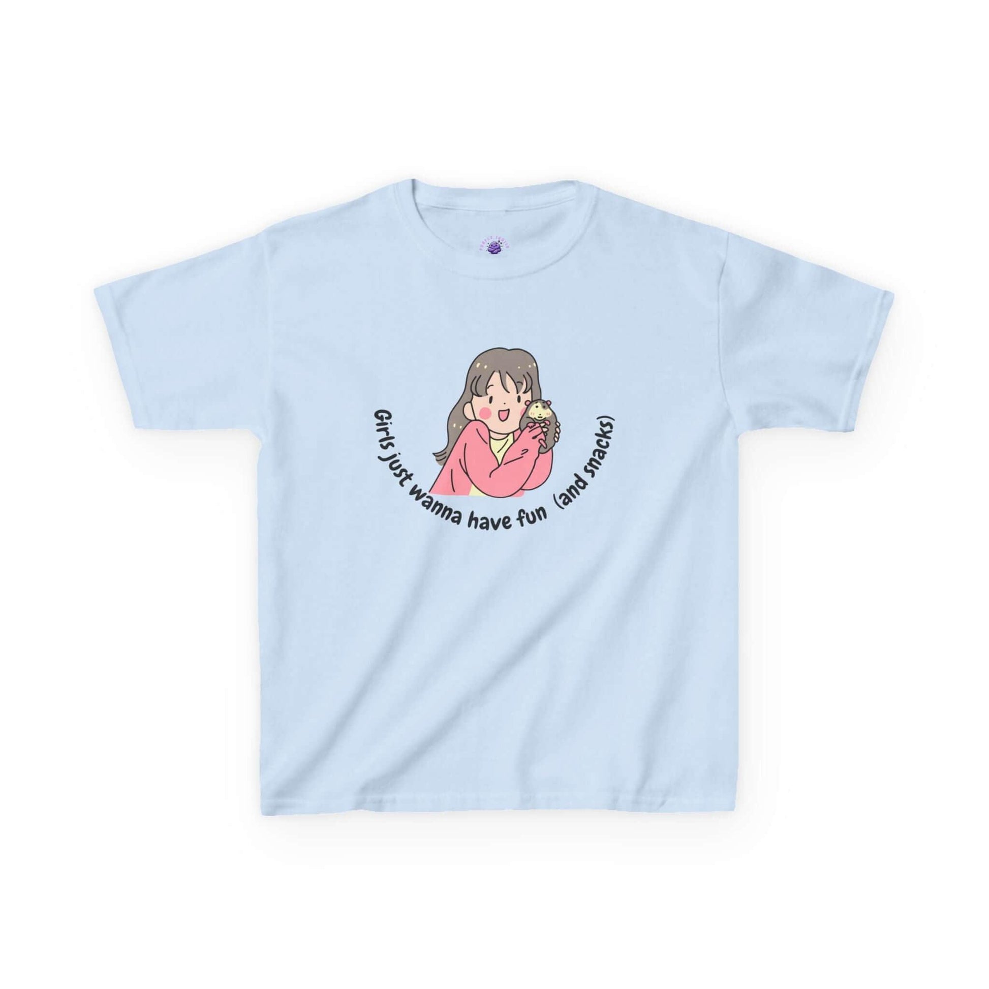 Funny kids t-shirt with cartoon and 'Girls just wanna have fun (and snacks)' text on light blue cotton fabric.