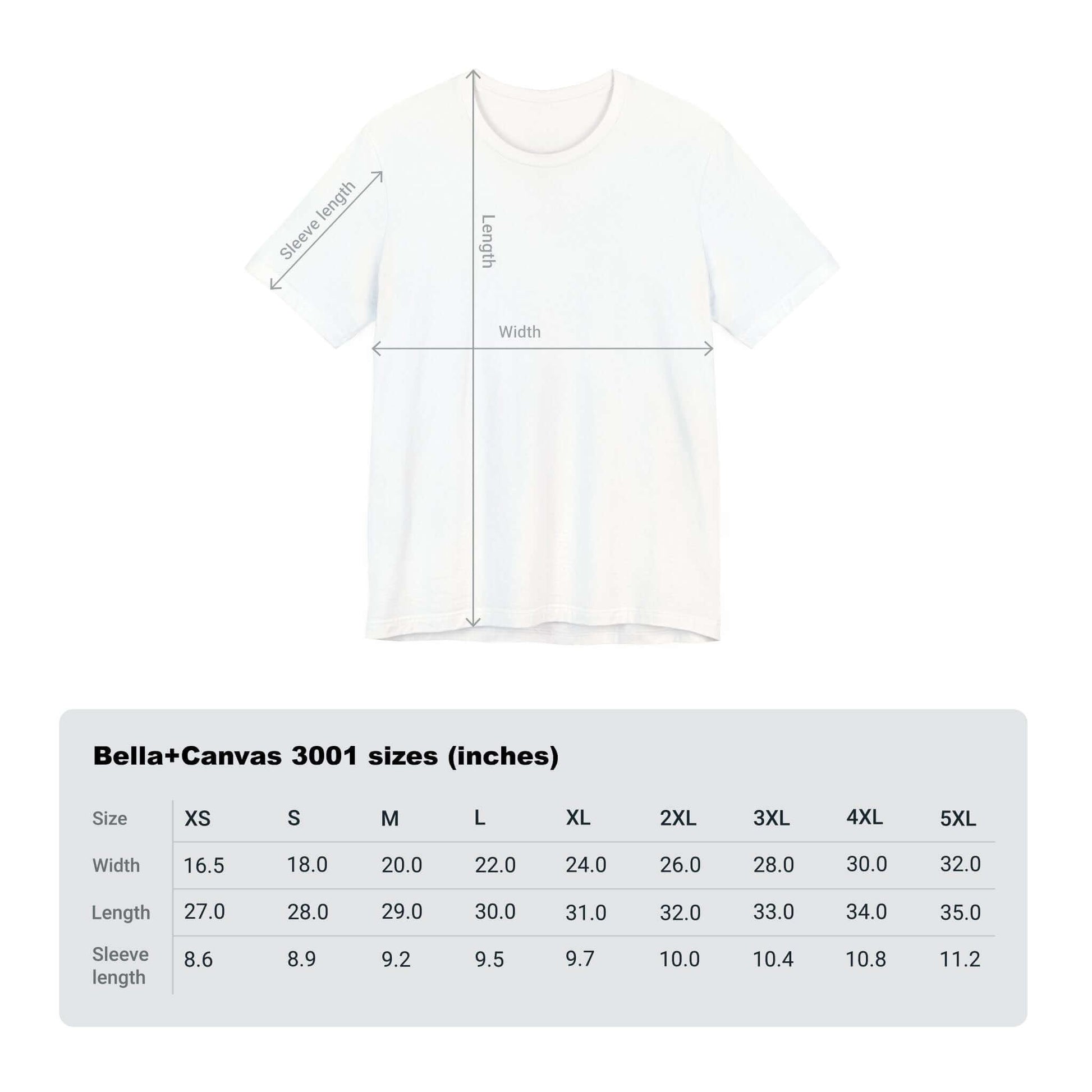 Size chart for Bella+Canvas 3001 men's t-shirt, showing dimensions for various sizes from XS to 5XL.