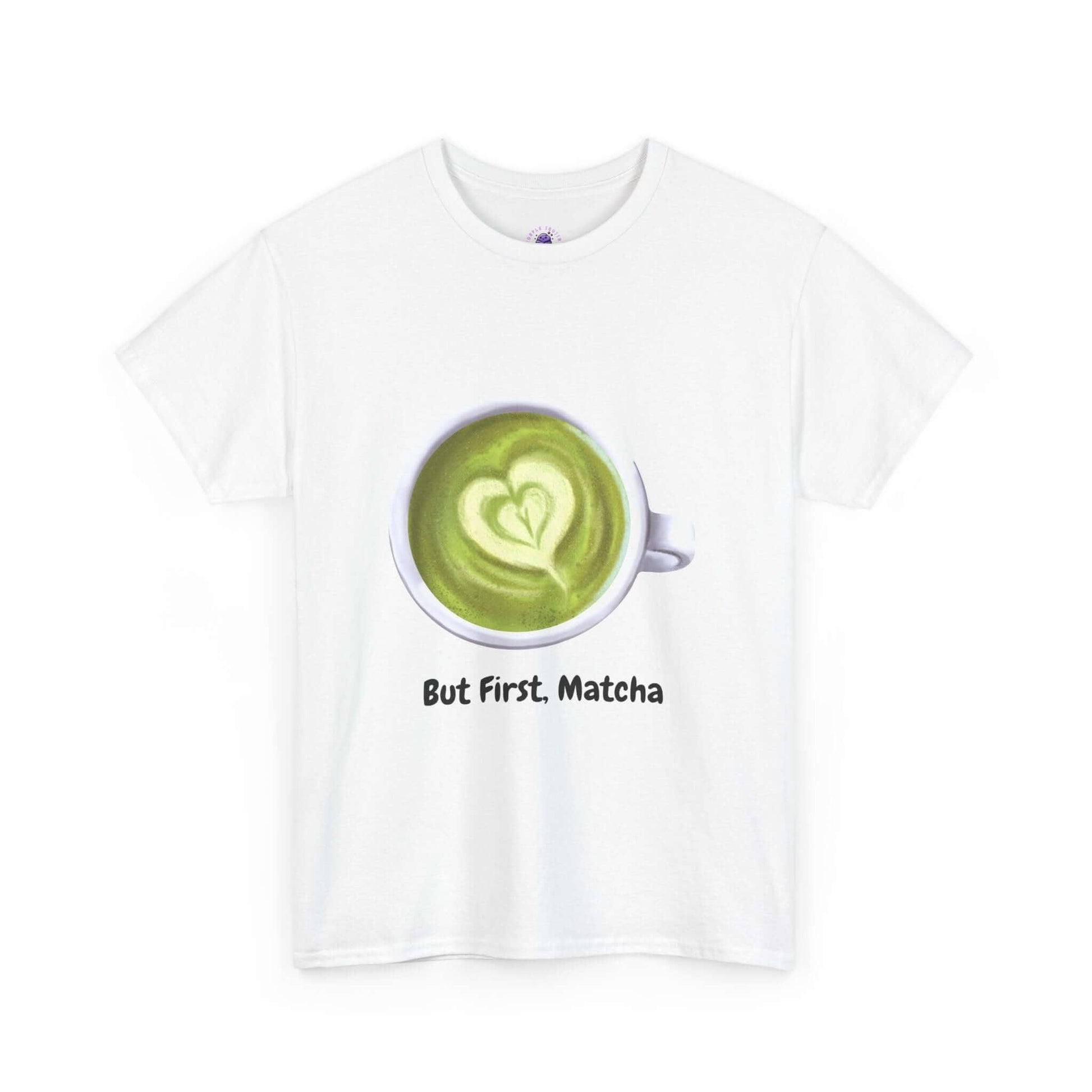 White funny T-shirt for women with 'But First, Matcha' text and green matcha latte graphic, perfect for casual wear.