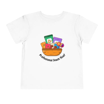 White toddler t-shirt with a playful 'Professional Snack Thief' graphic and snack illustrations. 100% cotton, comfortable and stylish.