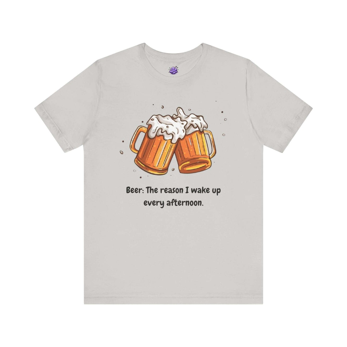 Funny men's t-shirt featuring two beer mugs with the text 'Beer: The reason I wake up every afternoon.'