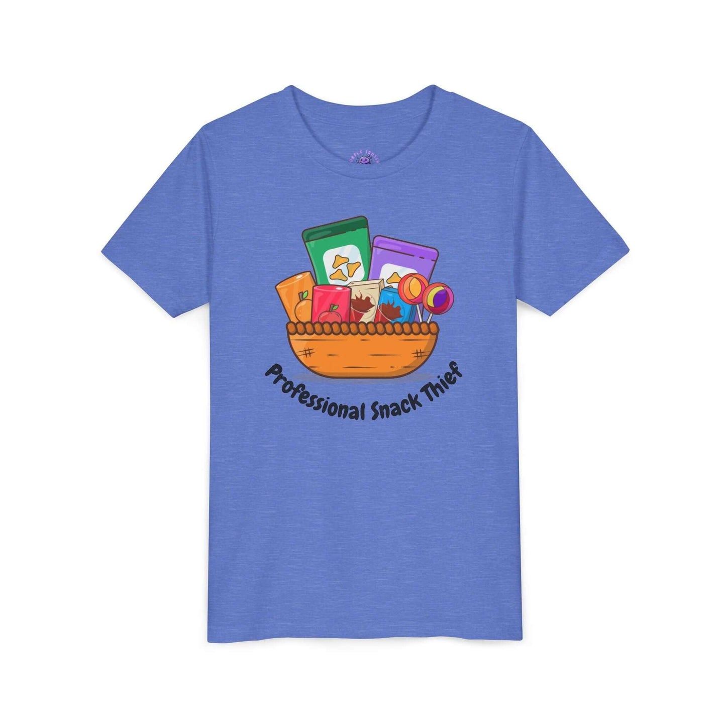 Kids' funny 'Professional Snack Thief' T-shirt, blue short-sleeve with snack basket design, lightweight cotton for comfort.