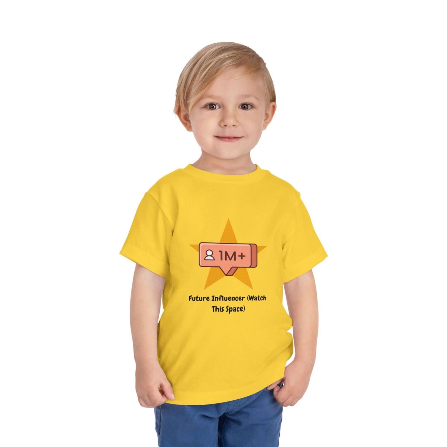 Toddler wearing a yellow t-shirt with 'Future Influencer' design, made from 100% cotton, comfortable fit.