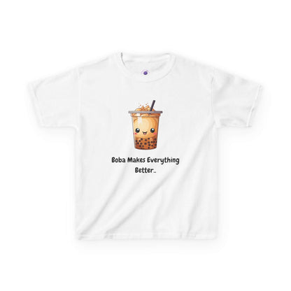 Kids funny t-shirt with cute boba tea graphic and text "Boba Makes Everything Better." Made from 100% cotton for comfort and durability.