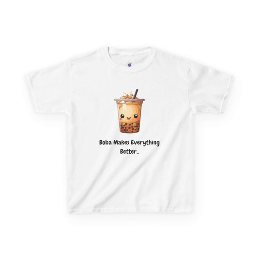 Kids funny t-shirt with cute boba tea graphic and text "Boba Makes Everything Better." Made from 100% cotton for comfort and durability.