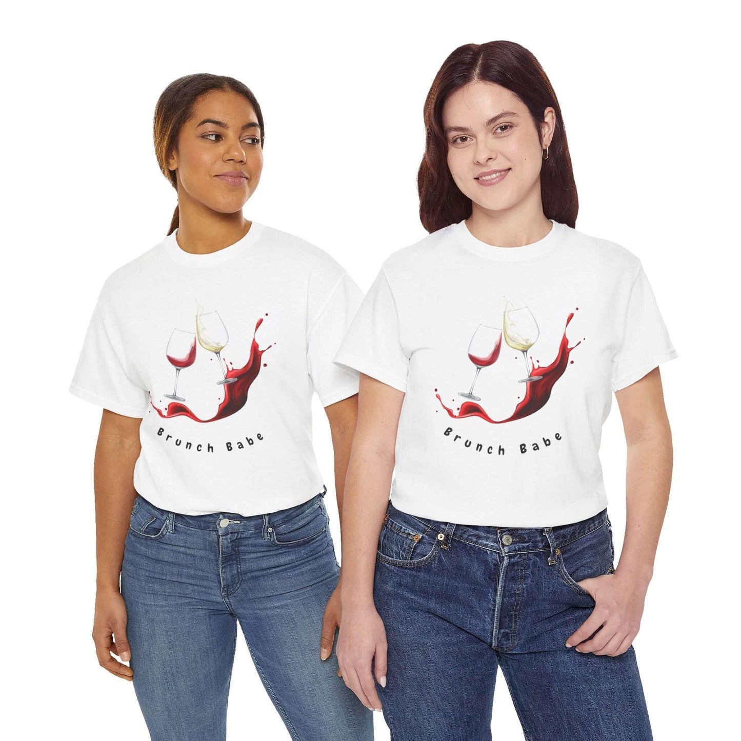 Two women wearing 'Brunch Babe' funny T-shirts, featuring wine glass design, casual fashion, and smooth print cotton fabric.