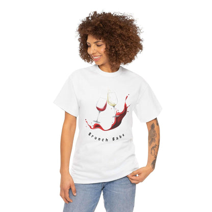 Woman wearing a 'Brunch Babe' funny t-shirt featuring clinking wine glasses design, perfect for casual fashion.