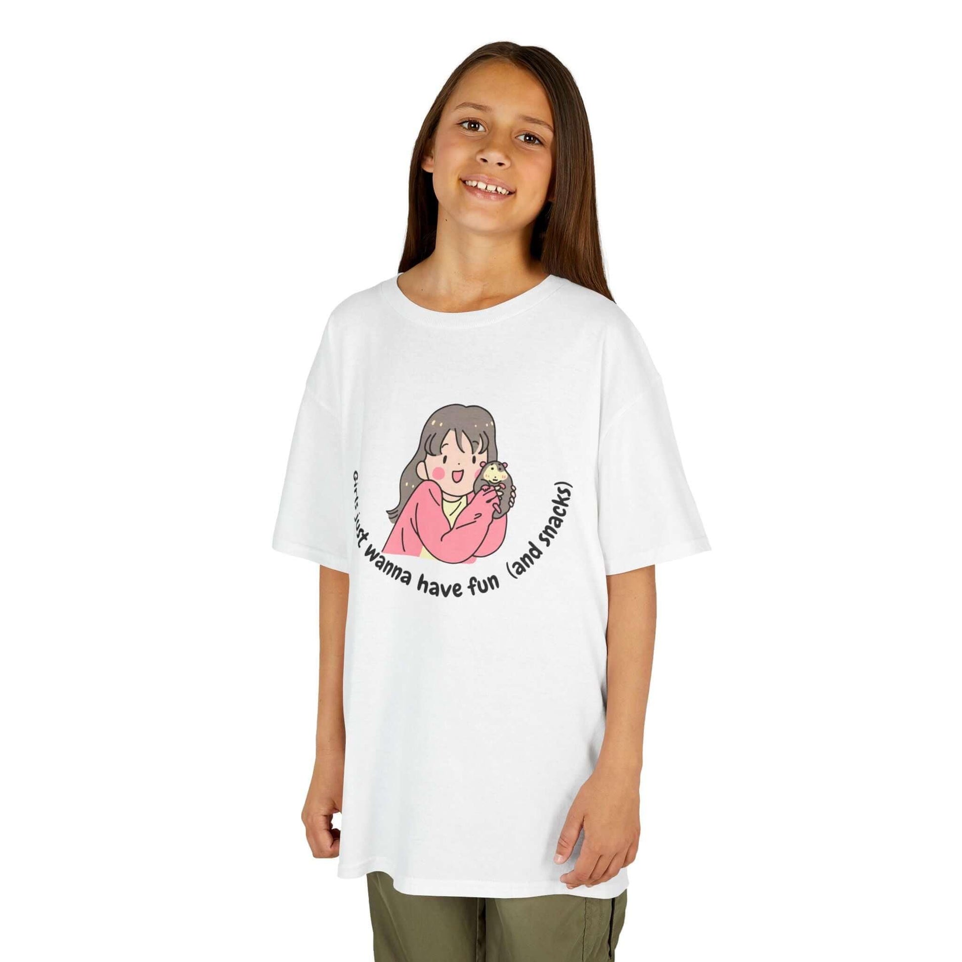 Child wearing a white funny T-shirt with cartoon graphic, perfect for everyday use. Made of 100% cotton and durable materials.