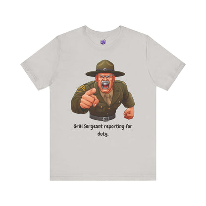 Funny Grill Sergeant graphic t-shirt for men, featuring an animated sergeant with bold text.